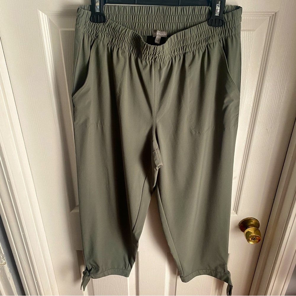 T by Talbots Olive Green Elastic Waist Thin Cropped Pant with Ankle Tie Medium
